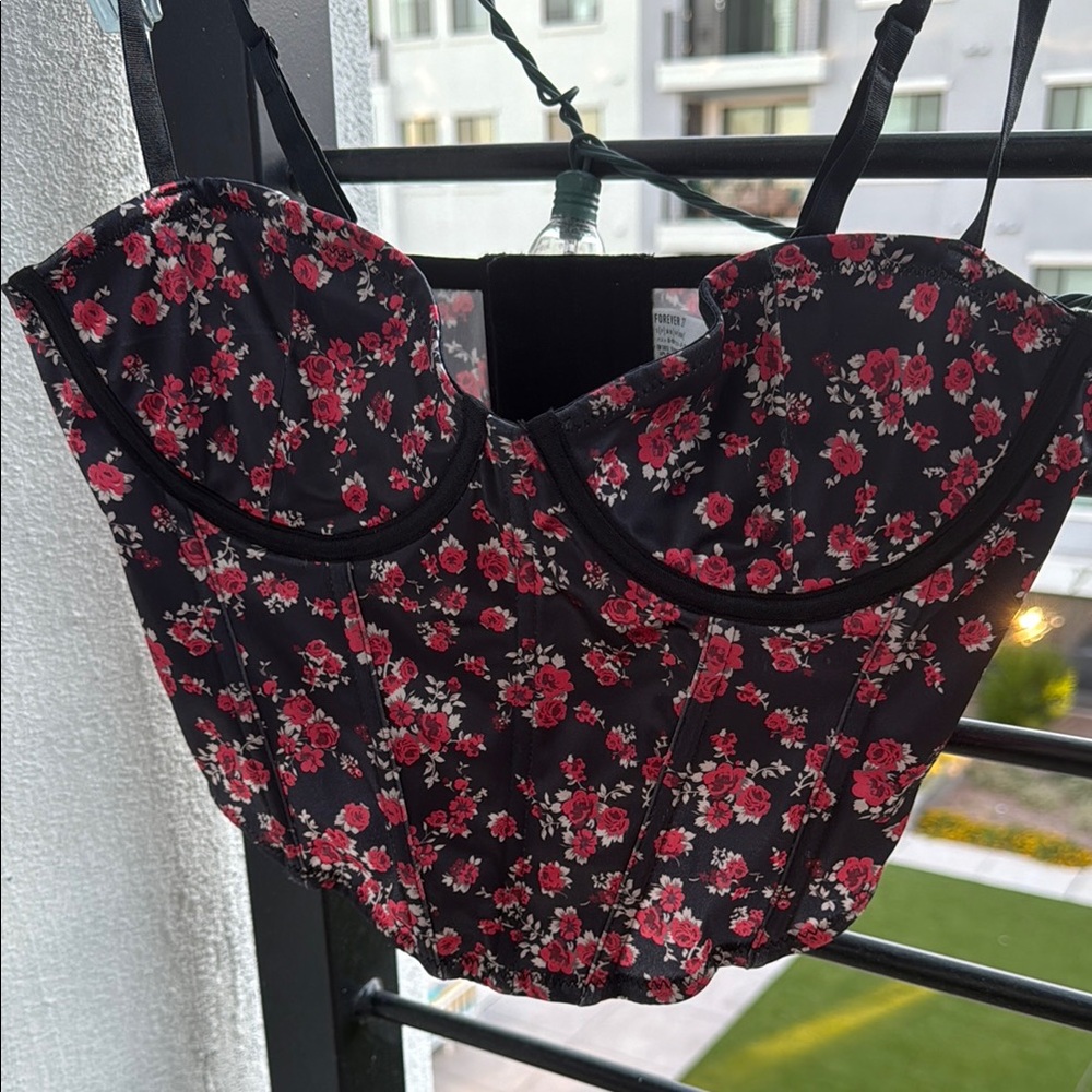 Forever 21 Black Floral Bustier Top